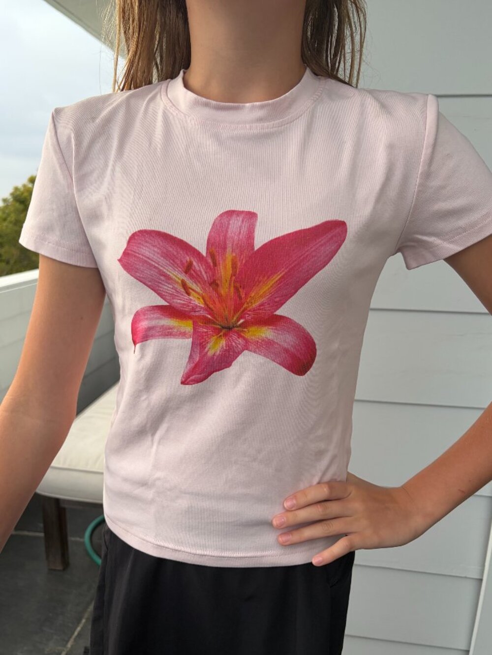 Edikted Pink Lily Flower Graphic Fitted Tee Size S Y2K